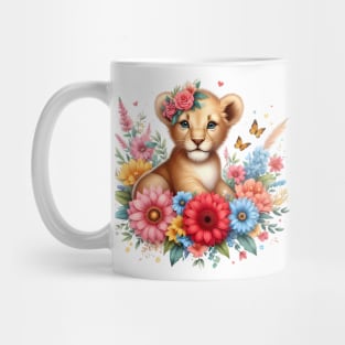 A baby lion decorated with beautiful colorful flowers. Mug